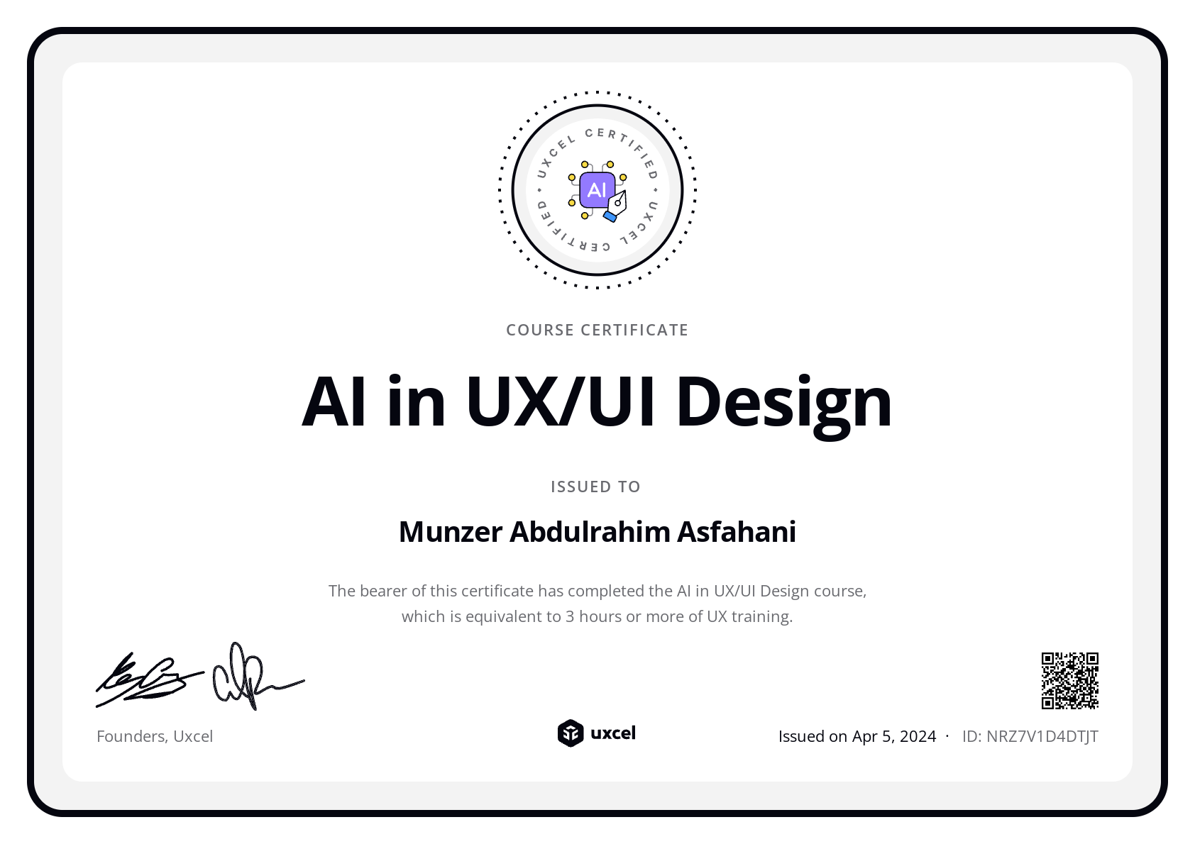 Munzer Abdulrahim Asfahani's certificate